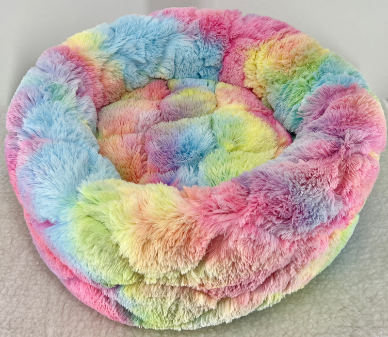 Fms Dog Beds minky tie-dye donut-shaped dog bed with soft, plush fabric and cozy design for comfort and relaxation.