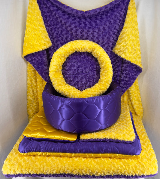 Purple and Yellow Specialty Beds and Donuts